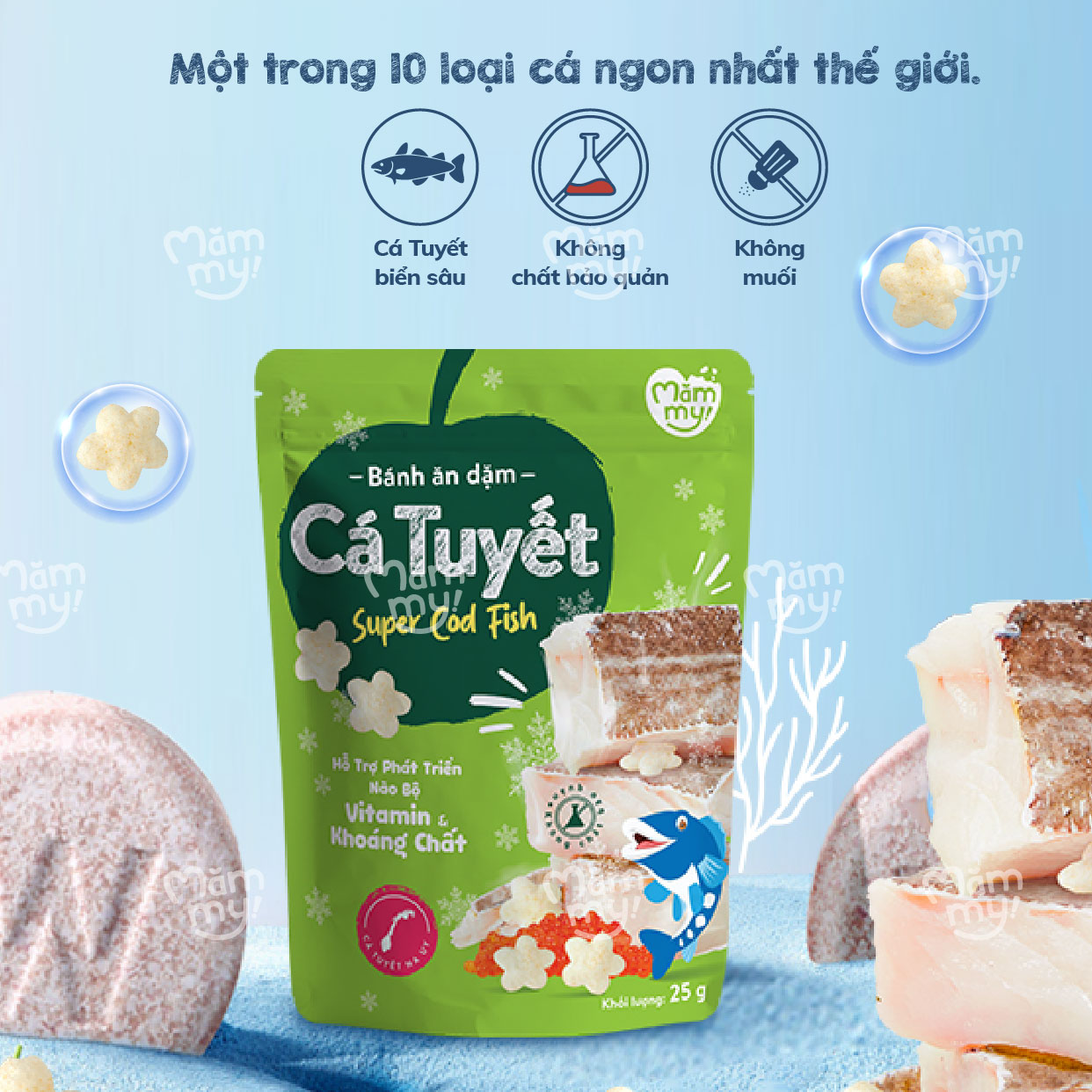 Bánh ăn dặm cho bé vị cá tuyết Mămmy giàu protein, bổ sung DHA giúp bé ăn ngon, tập cử động ngón tay vừa ăn vừa học 25 gram