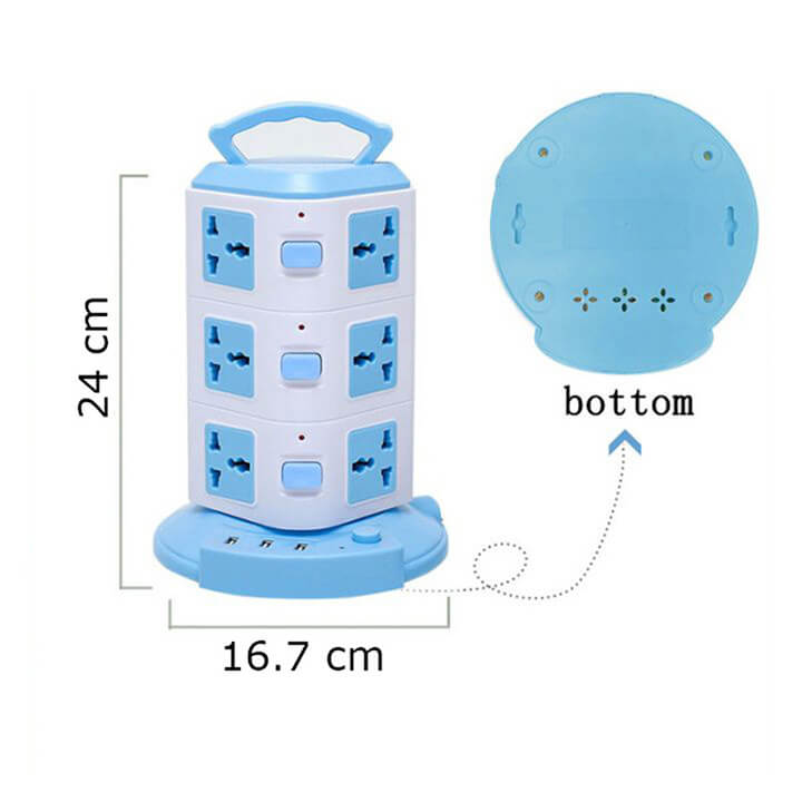 Ổ cắm điện đa năng 3 tầng 12 ổ cắm 3 cổng sạc nhanh USB 2.1A cho điện thoại, chịu tải 2500W, chống giật dây dài 1m8