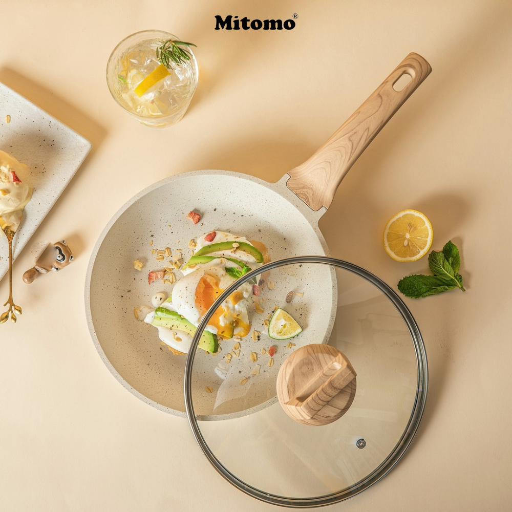 Set nồi chảo 4 món tráng đá chống dính Mitomo Granite có nắp đậy nấu ăn tiện dụng phù hợp với mọi loại bếp