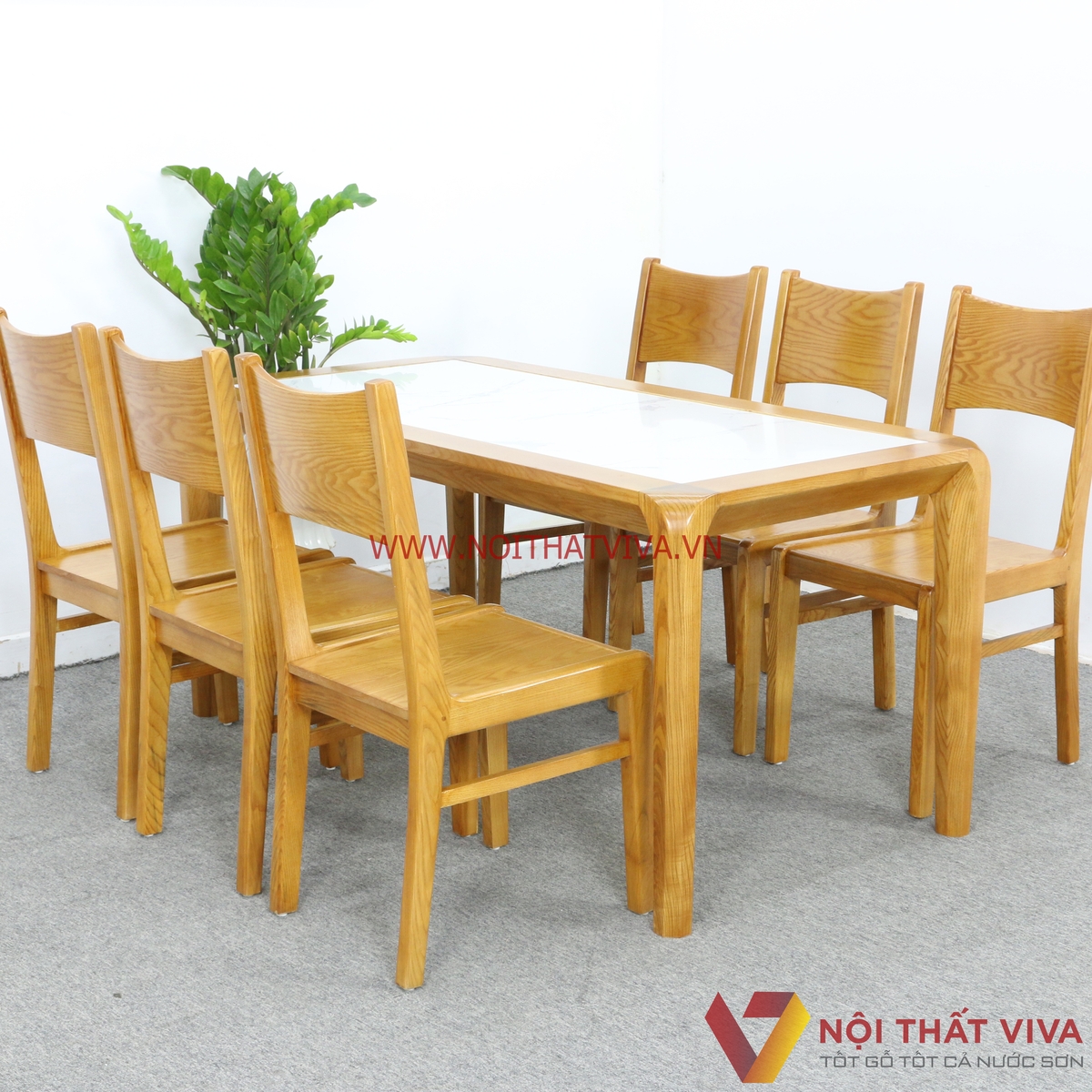 Bàn Ăn 6 Ghế Mặt Đá Lọt Gỗ Sồi Nga Màu Tự Nhiên Đẹp Hiện Đại