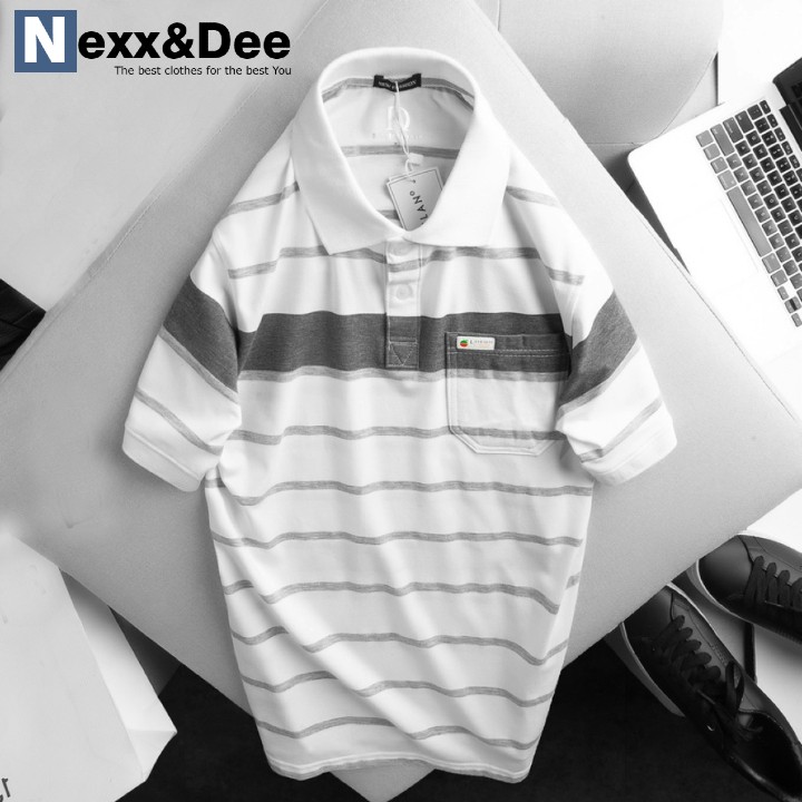 Áo thun polo nam trung niên kẻ sọc ngang cá sấu có cổ bẻ có túi cao cấp PL30