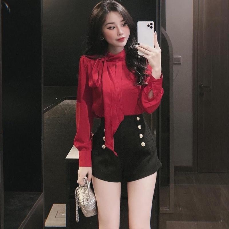 Áo sơ mi lụa cổ nơ lệch