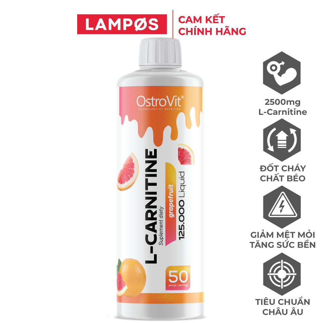 L-Carnitine Dạng Lỏng OstroVit 500ml (50 lần dùng), Bổ Sung 2500mg L-Carnitine/Liều, Hỗ Trợ Phân Giải Mỡ, Kiểm Soát Cân Nặng