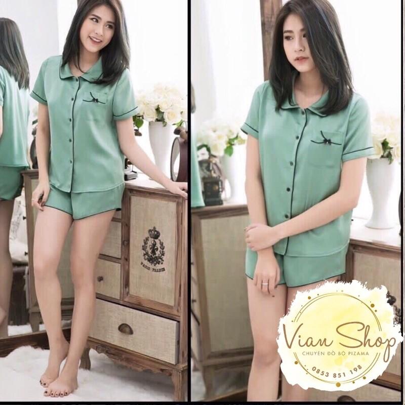 Bộ đồ pijama, Bộ lụa cộc đùi viền bèo chất liệu satin mát lịm