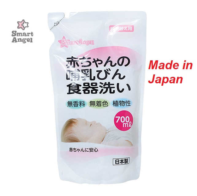 Combo Nước rửa bình sữa, núm ti, chén bát, hoa quả, đồ chơi,... cho bé Smart Angel Nhật Bản chai 800ml và túi 700 ml
