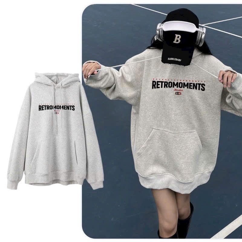 Áo Hoodie Nỉ Bông Form Rộng Nam Nữ Unisex Dáng Oversize Xám Tiêu In Chữ Retroments ( Hd xám), áo khoác hoodie cặp đôi chống nắng