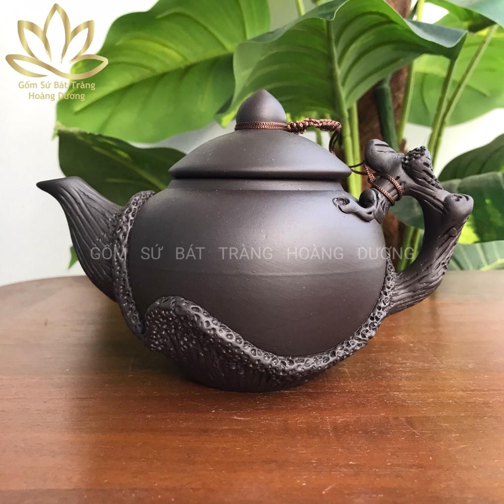 Bộ ấm chén uống trà Tử sa Bát Tràng đắp nổi Lão Tùng đen 400ml