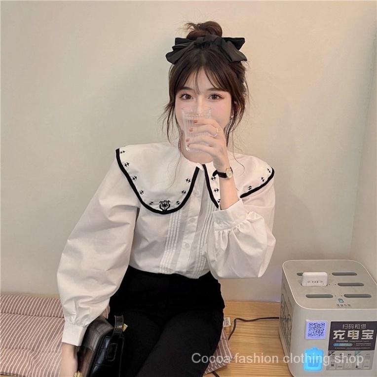 Áo sơ mi tiểu thư chất thô mịn mát- Áo dài tay cổ cách điệu siêu xinh_313 ulzzang nữ tính, mầu đen, trắng, be, nâu tây,