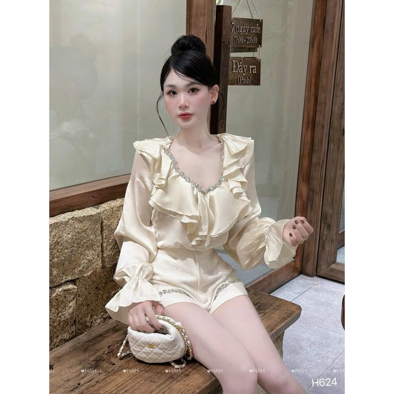 sét bộ viền đá áo lụa quần dạ, cổ bèo sang chảnh BY JOLIE - Đen
