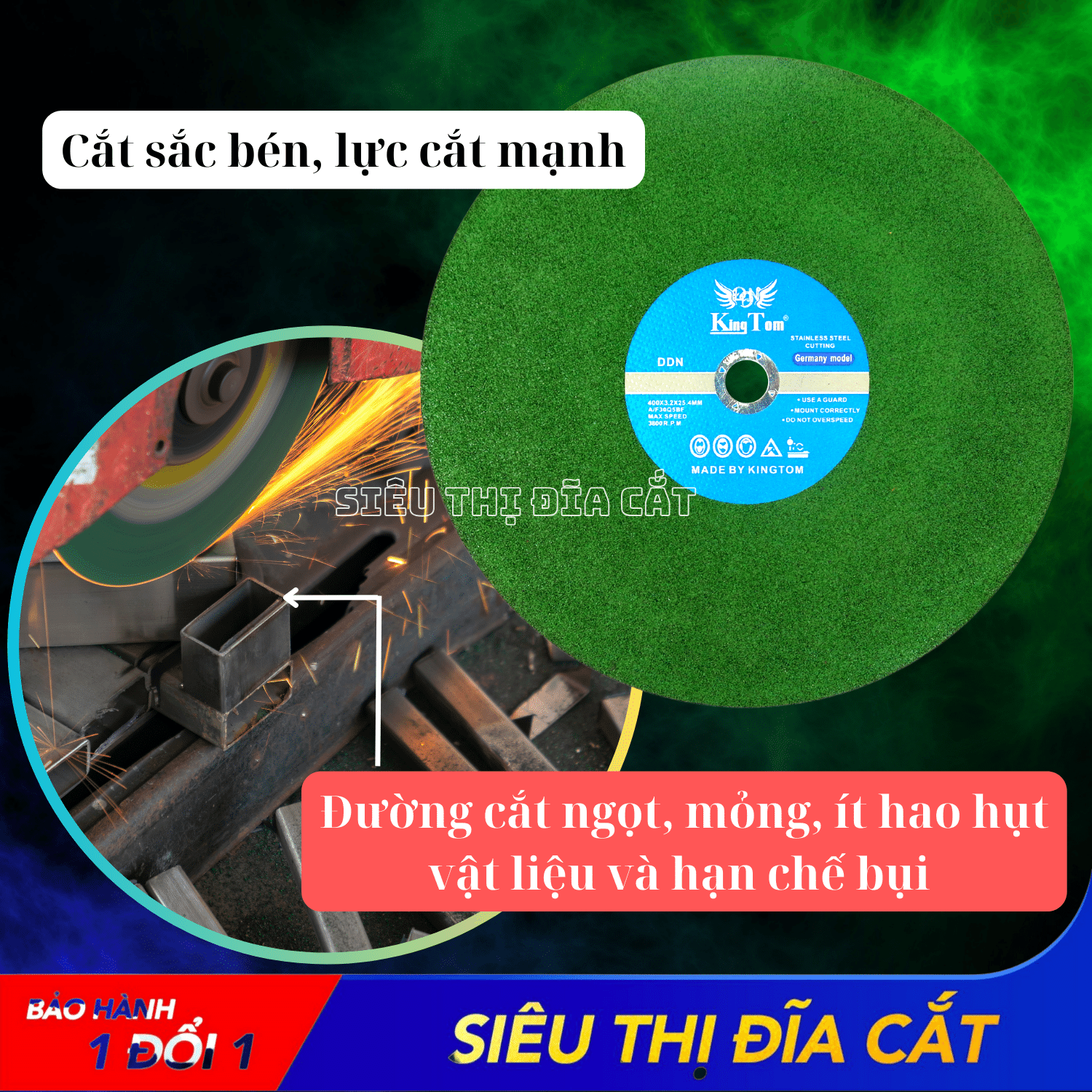 Đá Cắt KingTom Xanh 400mmx3.2mmx25.4mm - Lẻ 5 Viên - Cắt Kim Loại, Cắt Sắt, Inox