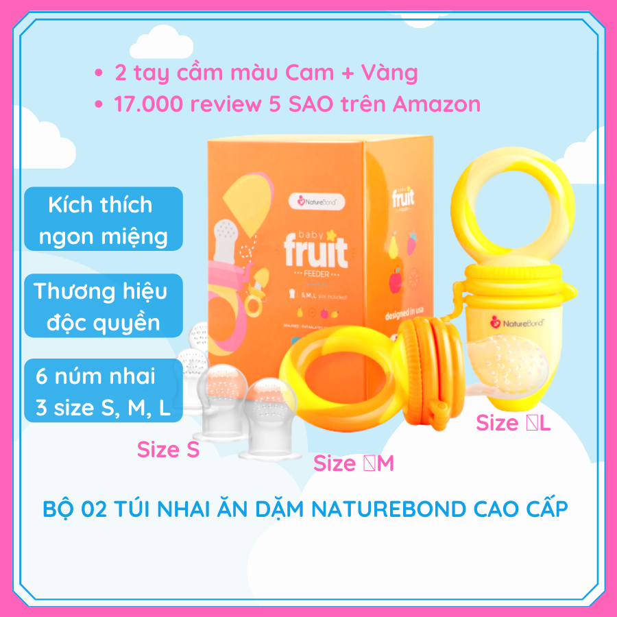 Túi Nhai Ăn Dặm Kích Thích Ngon Miệng Chính Hãng NatureBond Dựa Trên Nghiên Cứu FDA Hoa Kỳ Chống Hóc 6 Núm (3 Sizes)