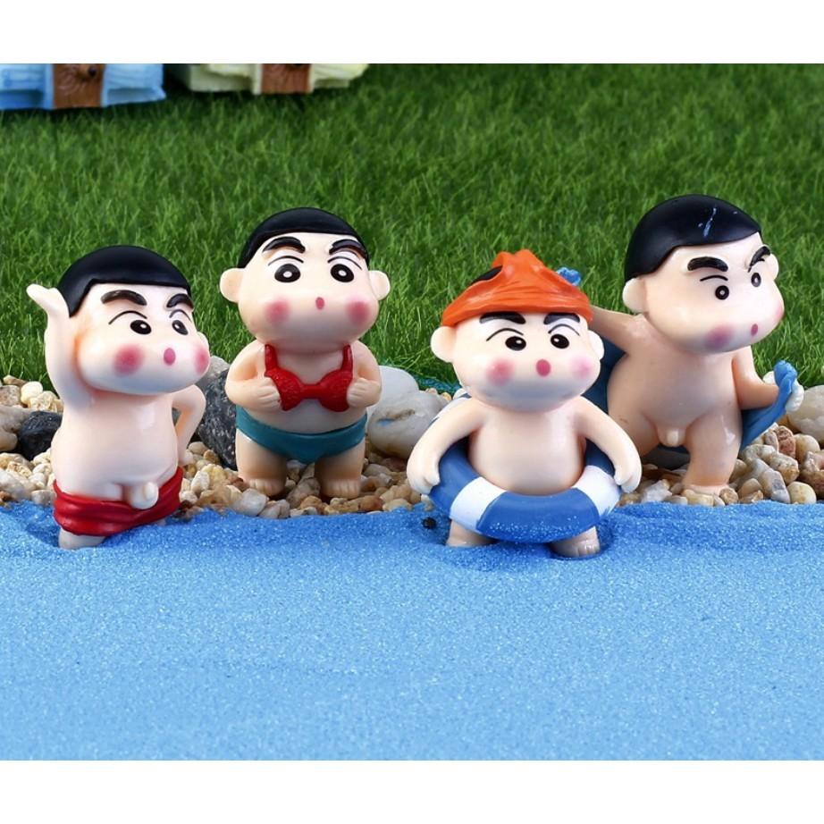 Combo 04 mô hình Shin - cậu bé bút chì tắm sông trang trí tiểu cảnh hài hước