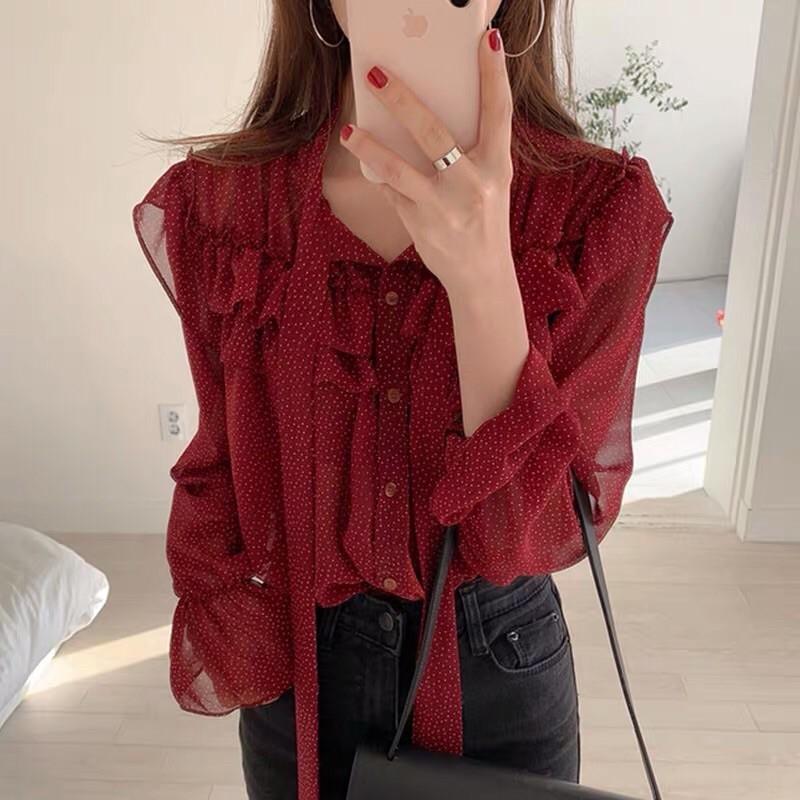 Sơ mi bèo cổ cột nơ hoạ tiết chấm bi