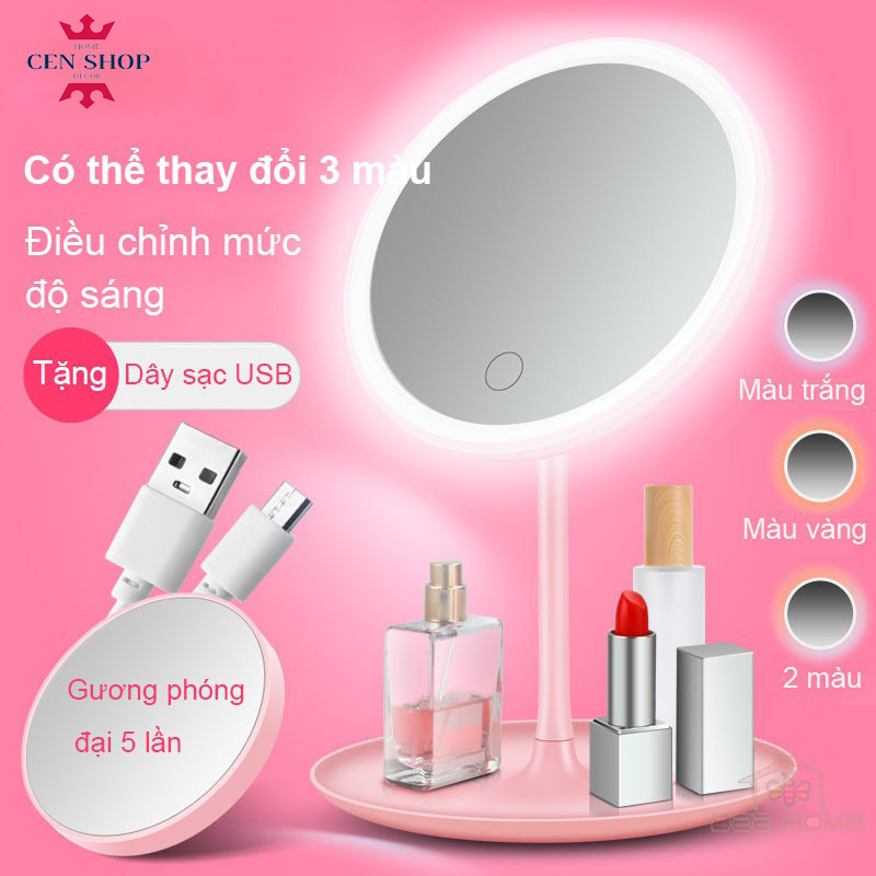 Gương soi trang điểm ️ TẶNG DÂY CÁP SẠC️ Gương đèn led cảm ứng mẫu tròn để bàn-3 CHẾ ĐỘ ÁNH SÁNG LED,mặt gương xoay360