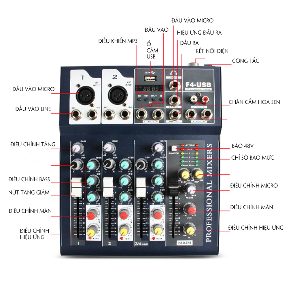 Bộ Mixer Âm Thanh F4 - USB Bluetooth Cao Cấp - Mixer Hát Live - Thu Âm - Karaoke 4178