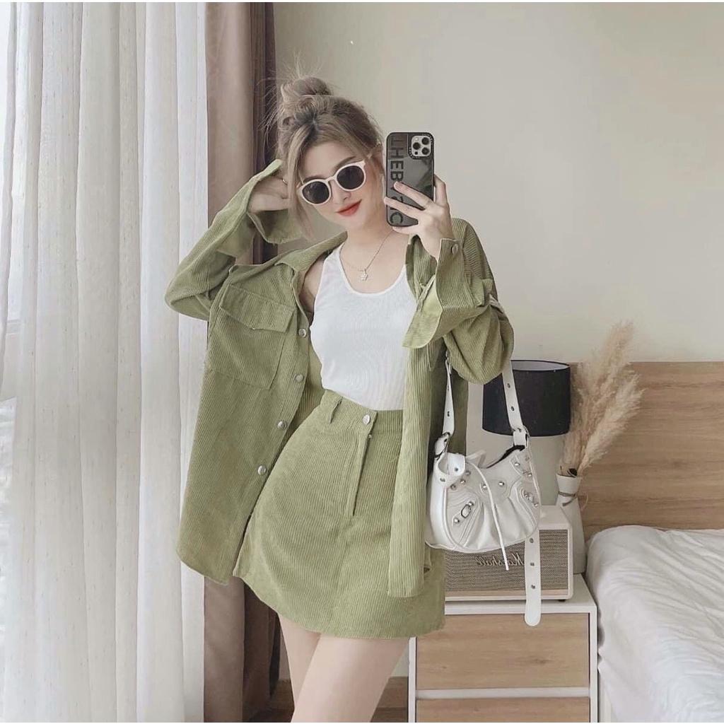 Bộ Áo Sơ Mi Dài Tay Kèm Chân Váy Chữ A Cạp Cao Vải Nhung