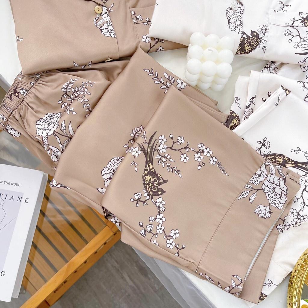 Bộ mặc nhà pyjama lụa cao cấp Tea Store tay dài quần dài họa tiết chim sẻ hai màu sang trọng