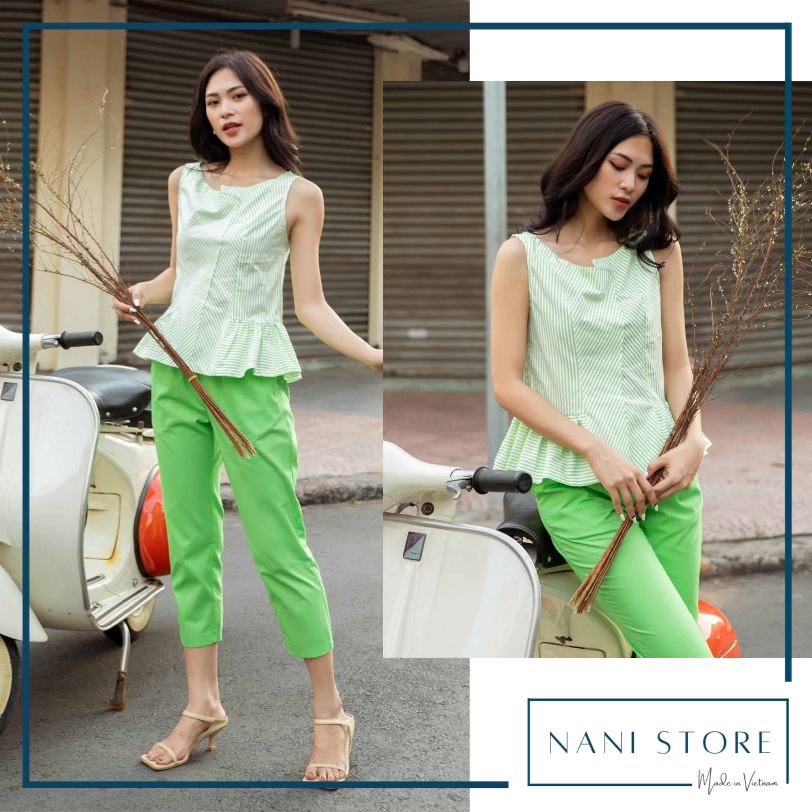 Đồ bộ dài sọc xanh lá cổ lệch quần trơn