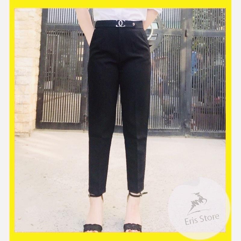 Quần baggy nữ ERIS cạp cao đai chữ x mặc công sở form đứng dáng (ảnh thật) - Đen