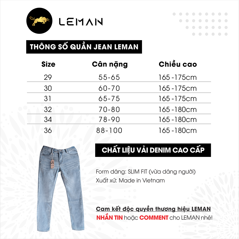 Quần Jean nam Leman xanh trơn JD05 - Slim Form