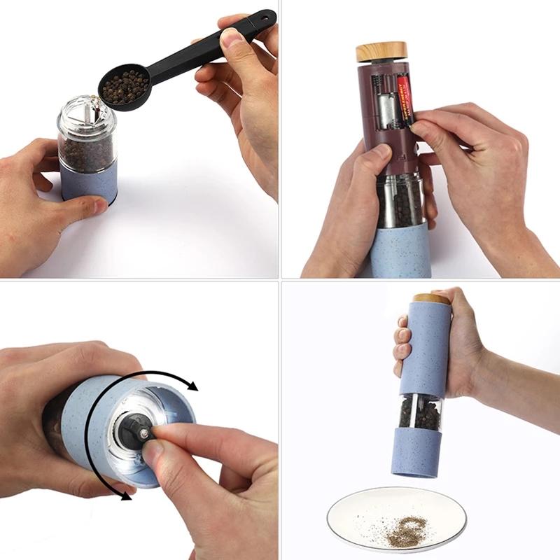 2 Cái/bộ Điện Muối Và Cối Xay Tiêu Đèn LED Tự Động Gia Vị Máy Xay Có Thể Điều Chỉnh Rơm Lúa Mì Cối Xay Coarseness Dụng Cụ Nhà Bếp