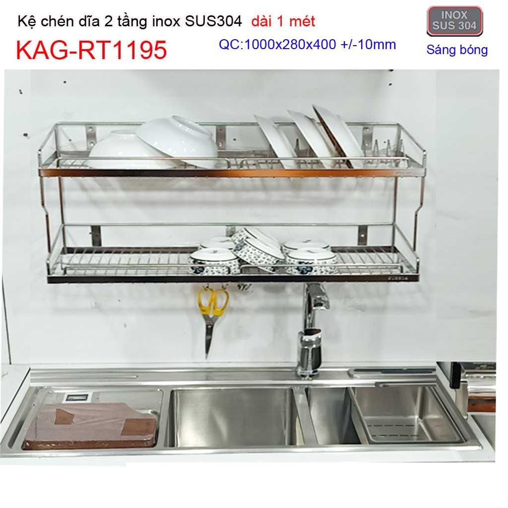 Kệ đựng chén bát inox SUS304 KAG-RT1195- dài 1m, kệ úp chén dĩa 2 tầng inox 304 dài 100cm