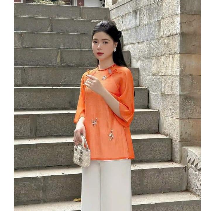 Pháp phục, đồ lam đi lễ chùa áo chất tơ thêu hoa tinh tế màu cam phối quần lụa trắng - Pháp Phục Hiếu Hạnh