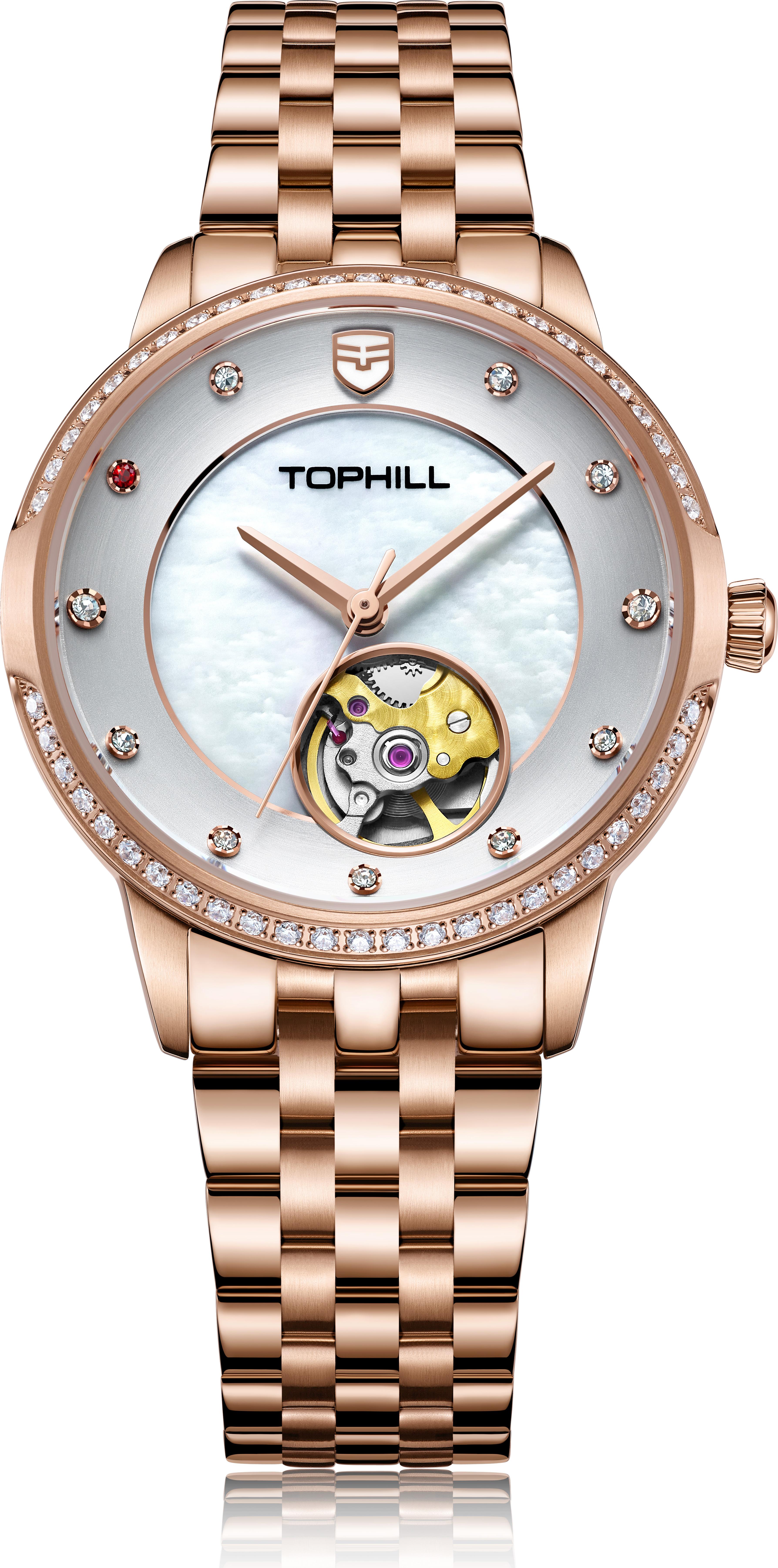 Đồng hồ nữ máy cơ tự động mặt xà cừ đính đã Thụy Sĩ TOPHILL TE035L.M3238