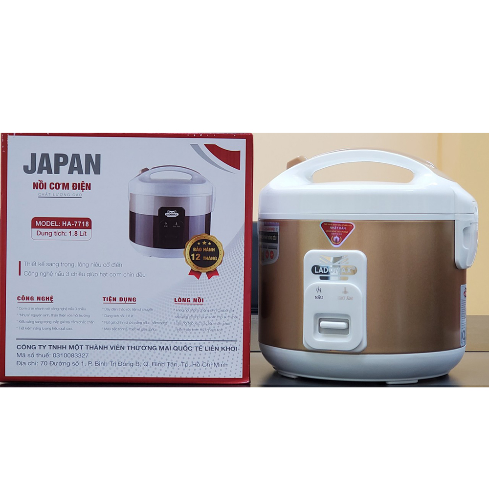 Nồi cơm điện 1.8L Ladomax HA-7718 lòng nồi chống dính, tiết kiệm điện, nấu cơm cho gia đình 4 - 6 người ăn - Hàng chính hãng