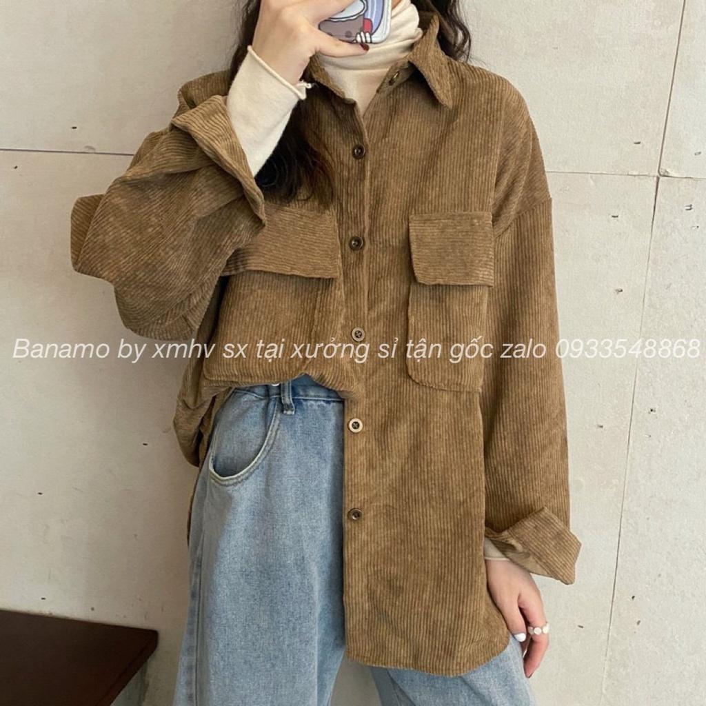 Hình ảnh Áo sơ mi chất nhung tăm dáng rộng màu hồng kem đen nâu phong cách ulzzang thời trang Banamo Fashion 351