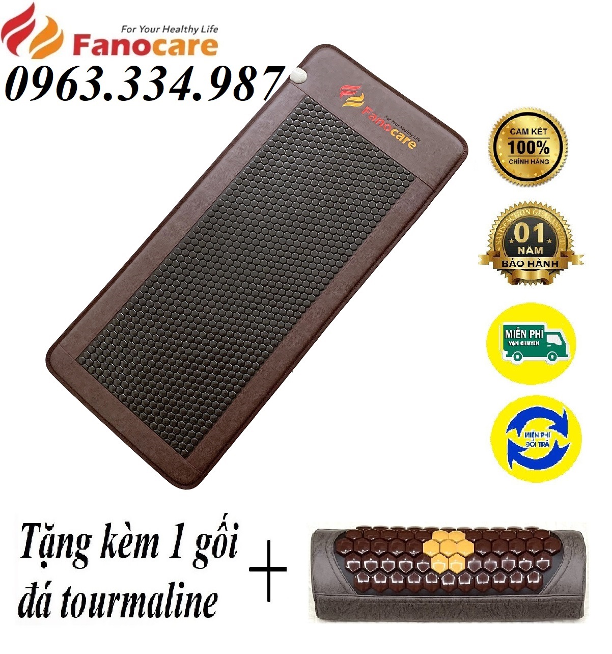 Thảm/Nệm đá nhiệt nóng Fanocare KT 70x170x3.5cm FN70D lục giác đen (Tặng kèm 1 gối đá tourmaline)