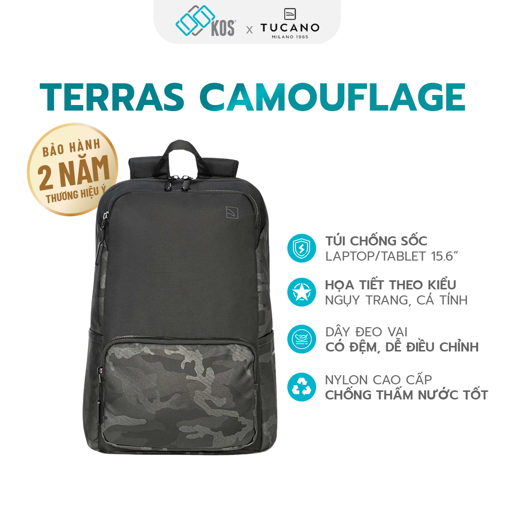 Balo laptop TUCANO TERRAS CAMOUFLAGE 15.6 inch, Thương hiệu Ý, thiết kế năng động, Bảo hành 2 năm