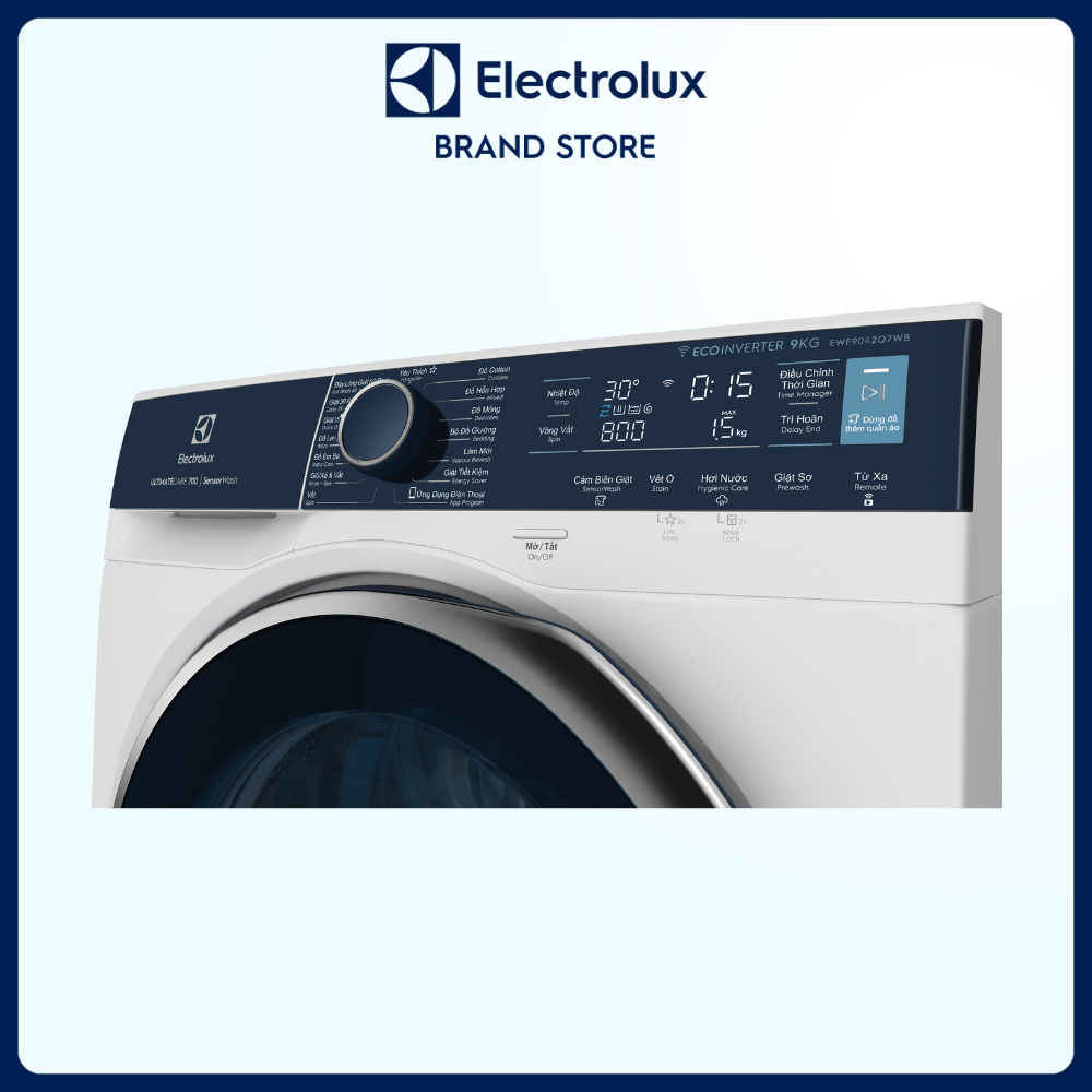 Máy giặt cửa trước Electrolux 9kg UltimateCare 700 - EWF9042Q7WB - Giặt sạch 49 loại vết bẩn, diệt 99.9% vi khuẩn, kết nối Wifi, tư vấn chăm sóc quần áo chuyên nghiệp [Hàng chính hãng]