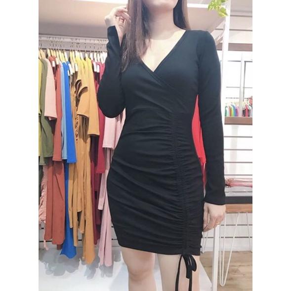 F538 Đầm ôm body cổ tim chéo viền, tay dài, thân dưới phối dây rút đùi