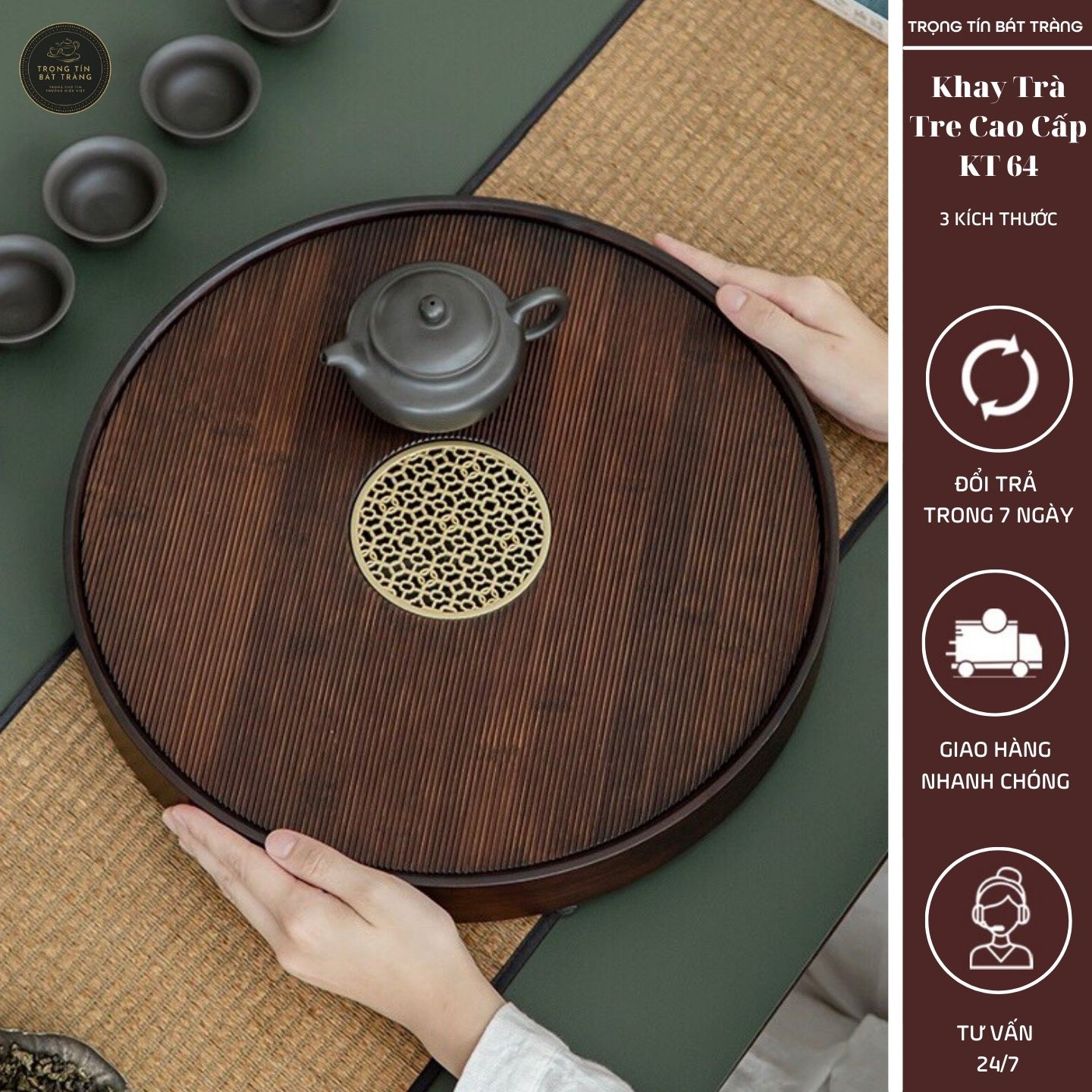 Khay Trà Tre Cao Cấp Hình Tròn 3 Kích Thước KT 64