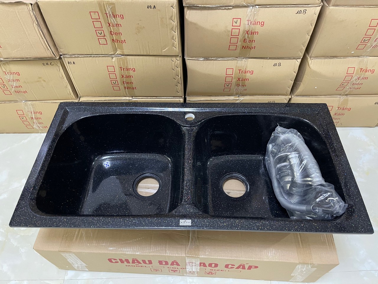Chậu rửa chén đá nhân tạo 2 hộc đen 98*48*22