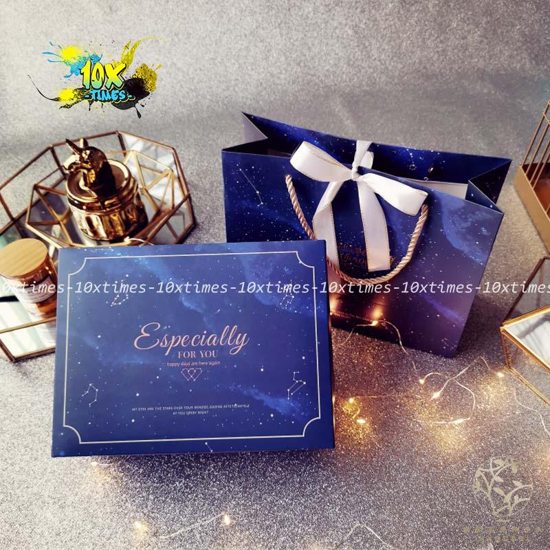 Set hộp túi giấy đựng quà tặng xanh dương, sinh nhật bạn gái bạn trai đối tác, valentine, ngày lễ