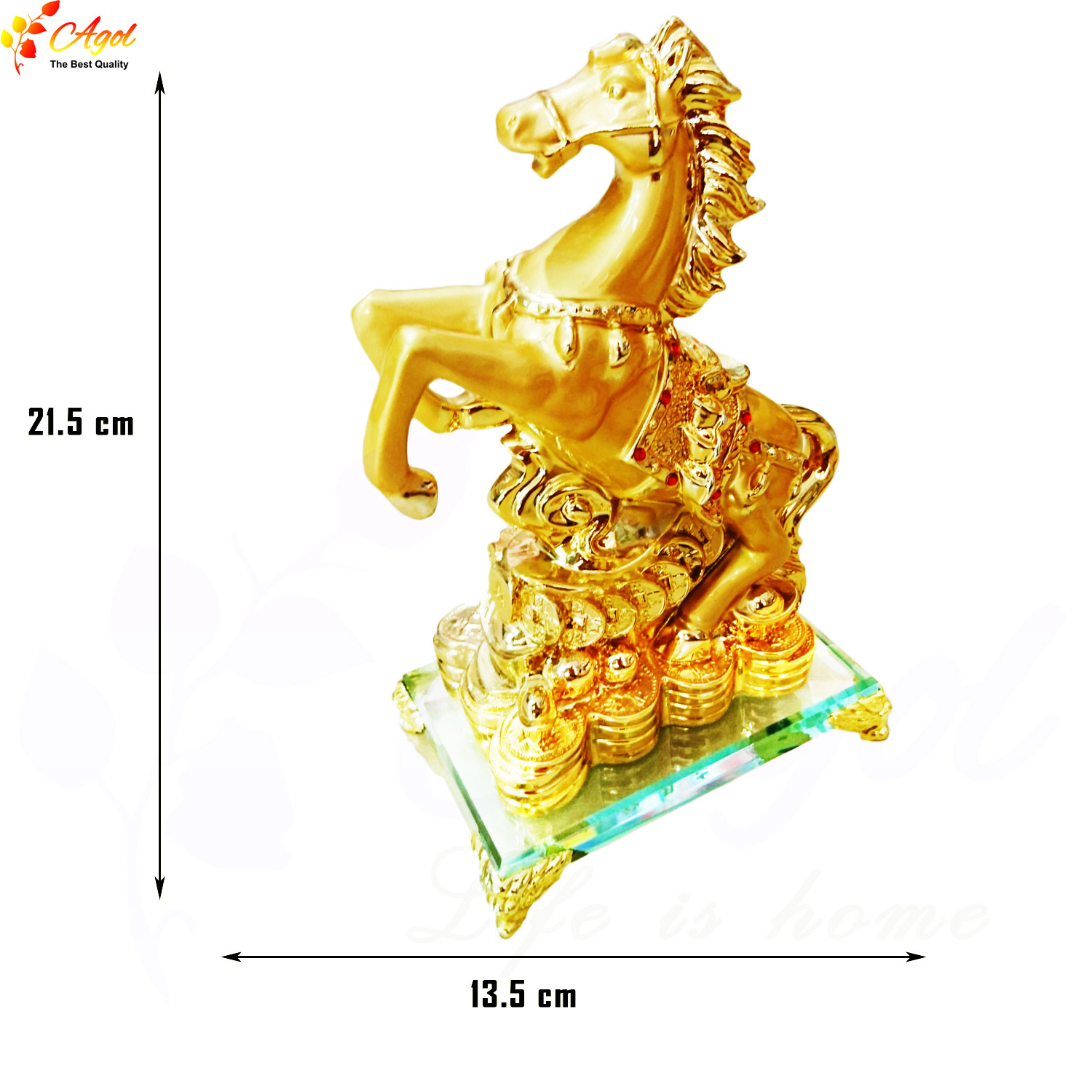 Tượng ngựa vàng phong thủy mã đáo thành công đế kính cao cấp  (chiều dài 14cm * rộng 9cm * cao 21cm) - Hàng Nhập Khẩu
