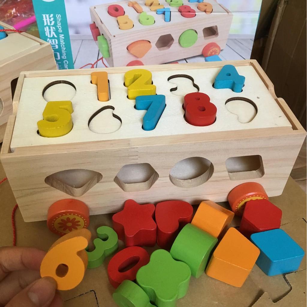 Đồ chơi giáo dục bằng gỗ cho bé từ 1-3 tuổi giúp trẻ nhận biết màu sắc hình khối ,Xe kéo thả hình thả số