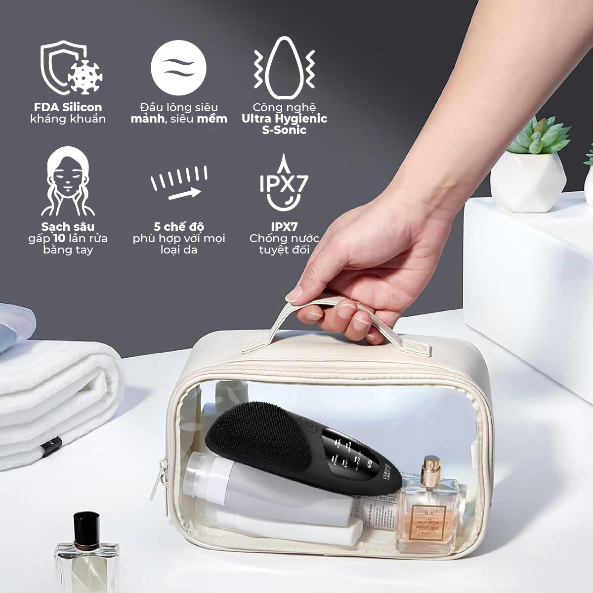 Máy rửa mặt Lebenlang LBL1480, sạc nhanh 2h, 5W, 500 mAh, 5 chế độ, bảo hành 2 năm - hàng chính hãng