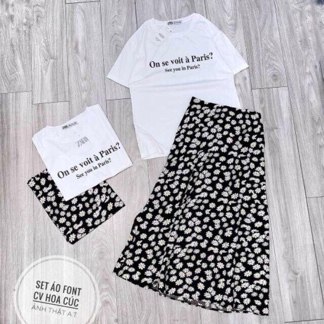 Set áo cotton với chân váy hoa cúc
