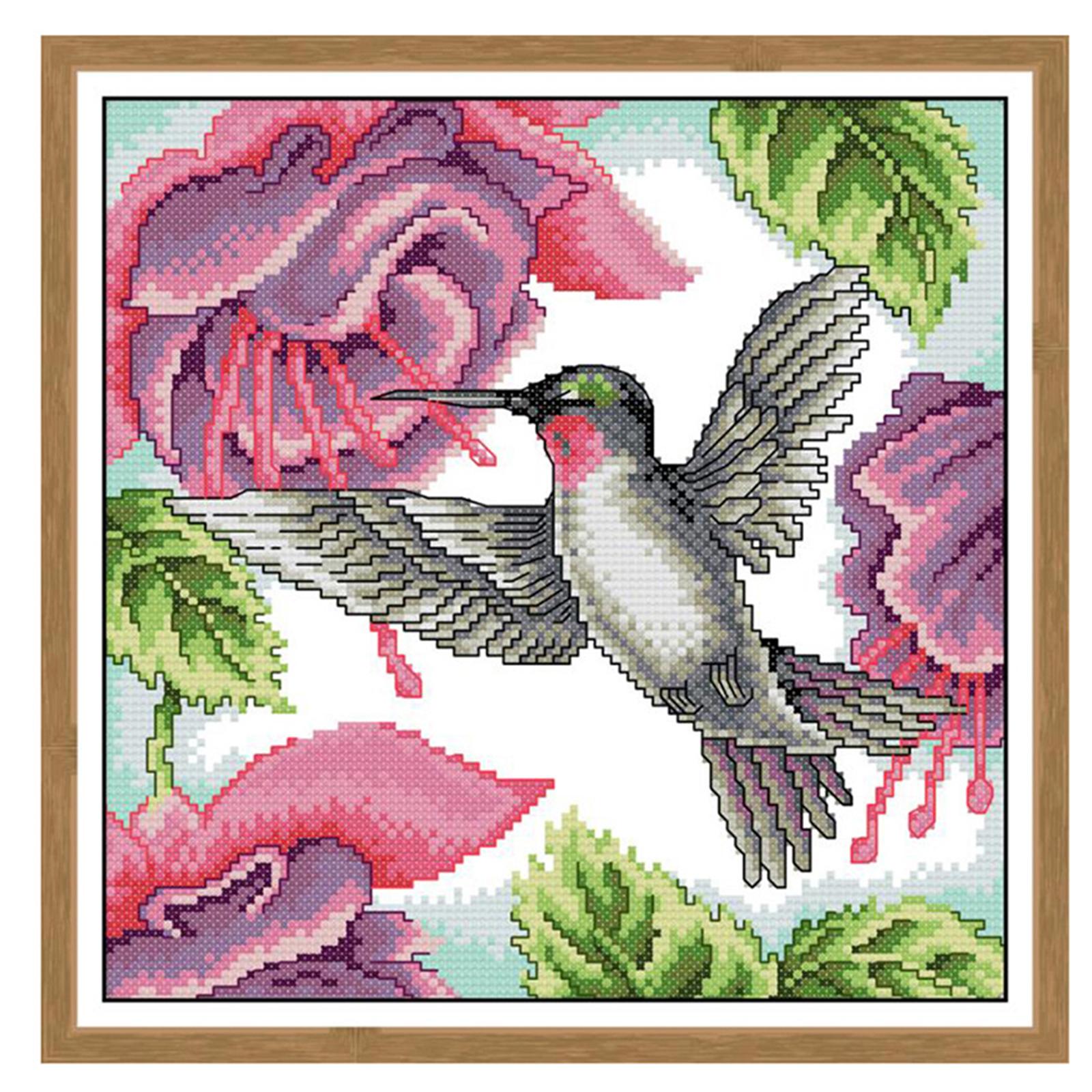 Stamped Cross Stitch Kits for Beginners, Preprinted Cross Stitch Kits Hummingbird Flowers, DIY Embroidery Kit Gifts for Women/Mom