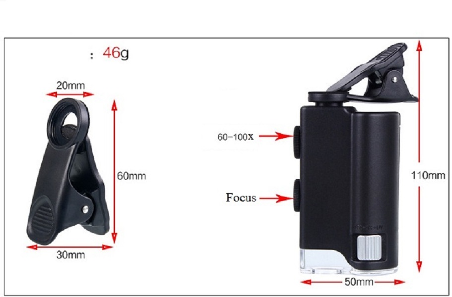 Kính lúp cầm tay mini tích hợp kẹp điện thoại phóng đại 60-100 lần siêu nét có đèn cao cấp
