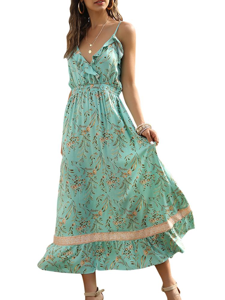 Boho Women Dress Floral Print Deep V Neck Spaghetti Strap Sleeveless High Waist Backless Ruffle Maxi Beach One-piece