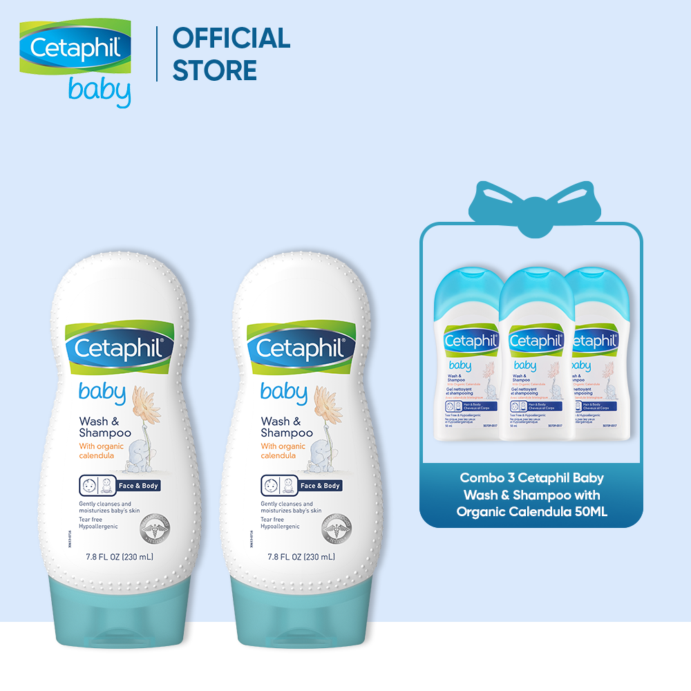 [Tặng Cetaphil Baby 50ml] Combo 2 Sữa tắm gội dịu lành cho bé Cetaphil Baby Wash &amp; Shampoo with Organic Calendula 230ml/chai