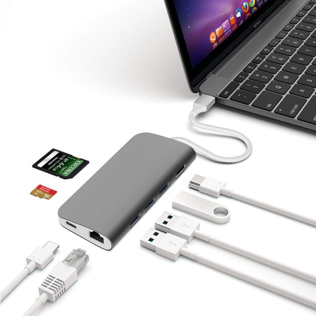 Bộ chuyển 8 in 1 USB C sang cổng HDMI / đầu đọc thẻ SD-TF / 3x USB 3.0 / đầu mạng RJ45 / Type C nguồn - Màu ngẫu nhiên