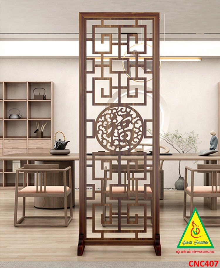 Vách ngăn phòng khách, vách ngăn tủ kệ bằng gỗ CNC407- Nội thất lắp ráp Viendong adv