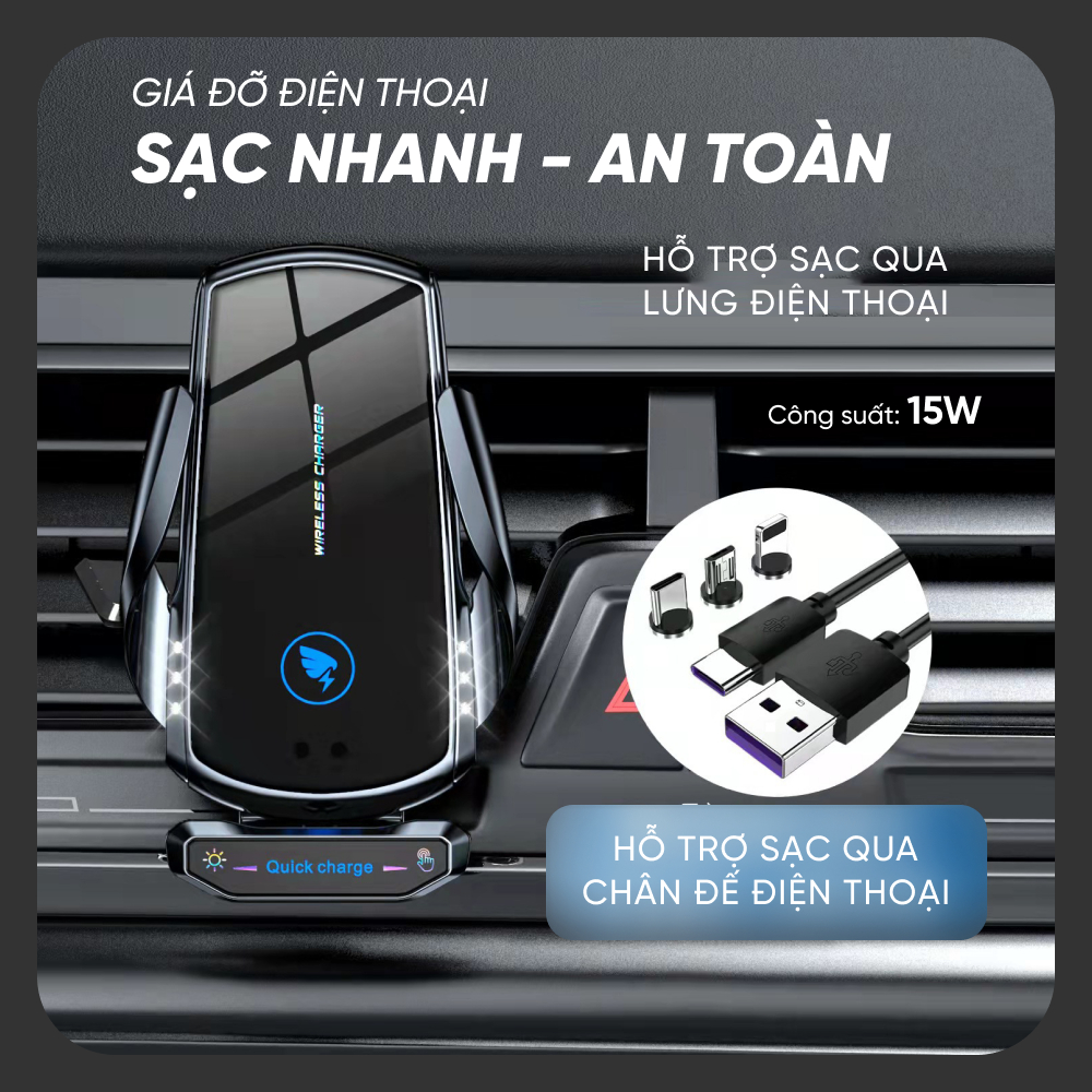 Giá đỡ điện thoại sạc cảm ứng trên ô tô - Giá kiêm sạc điện thoại kẹp cửa gió xe hơi
