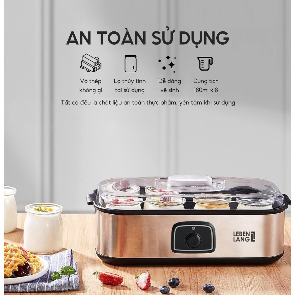 Máy làm sữa chua Sothing Lebenlang LBL9139 công suất 20w, dung tích 180ml gồm 8 lọ thủy tinh- Hàng chính hãng