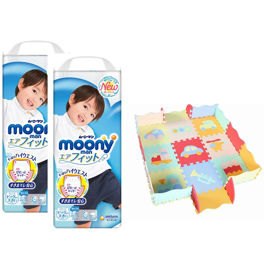 Combo 2 Gói Tã Quần Cao Cấp Moony Nhật Bản Bé Trai XXL26 (26 Miếng/Gói) - Tặng 1 Thảm Xốp Quây